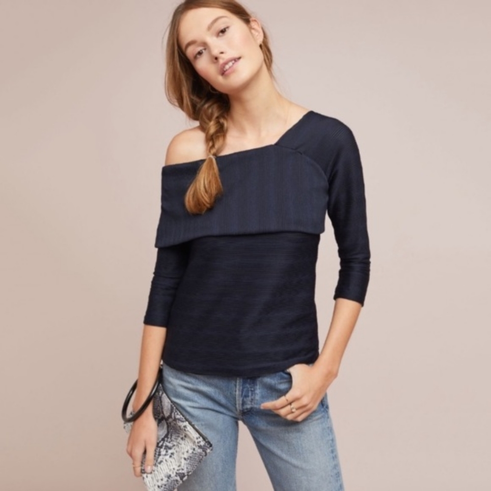 Anthropologie Blue Tassel one shoulder blouse sz xs